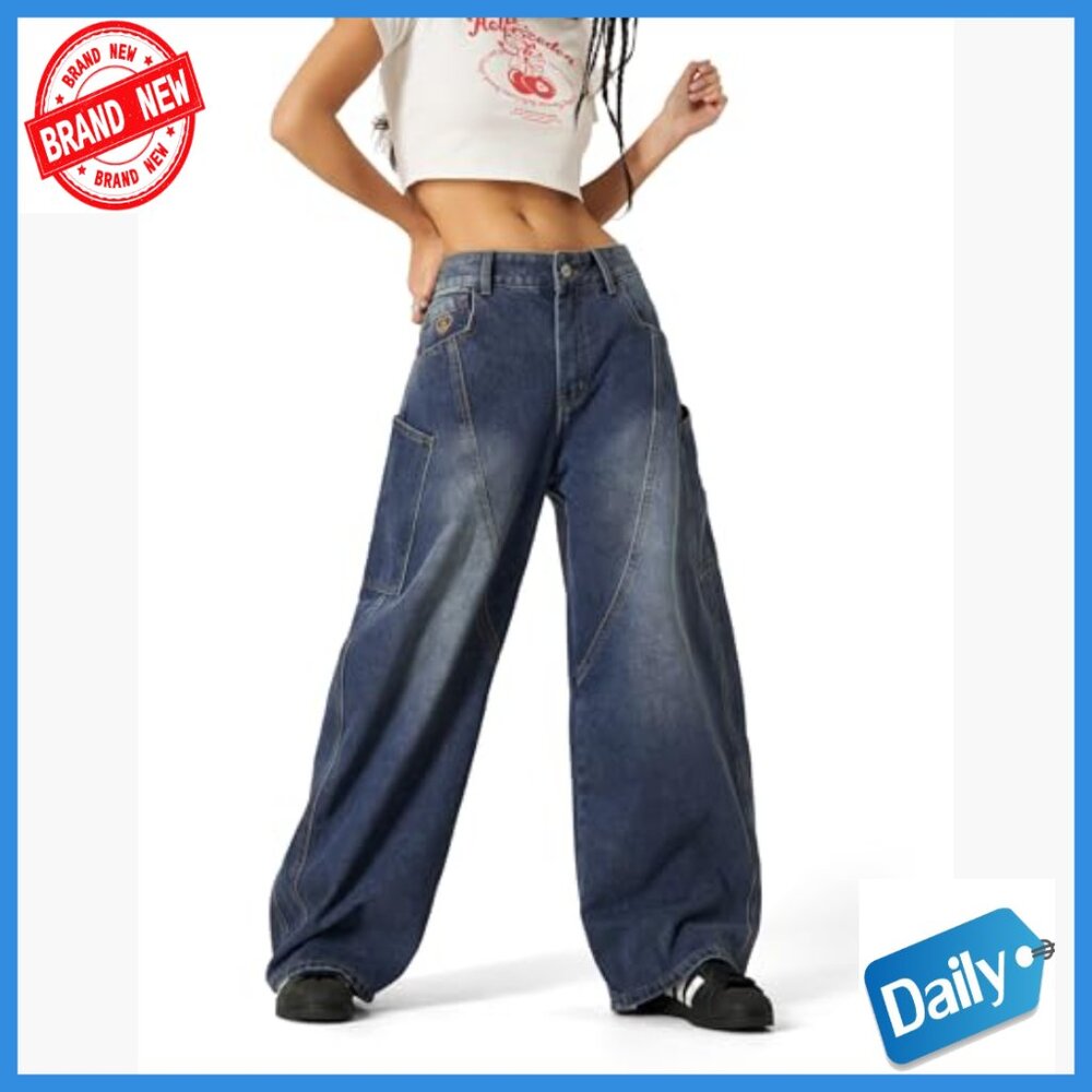 Men's Wide Leg Barrel Cut Jeans with Big Pockets, Unisex Streetwear - Picture 3 of 7